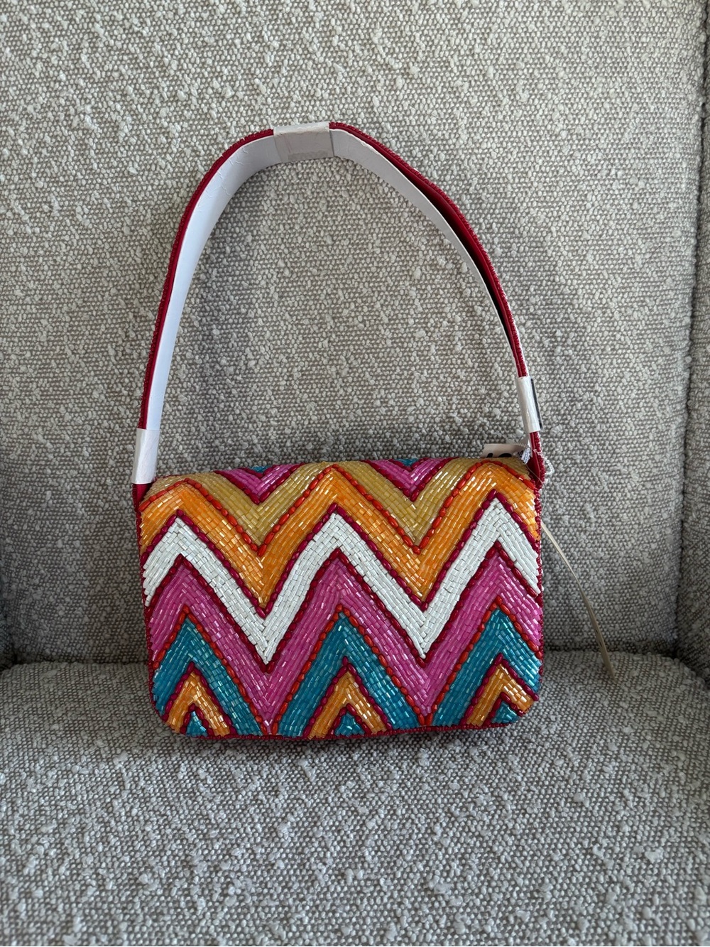 Colorful Chevron Beaded Shoulder Bag - Pink, Orange, White, Teal